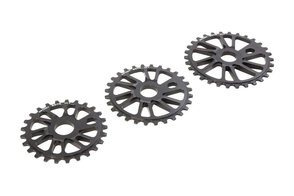 Pignons BMX Odyssey Boyd en noir, 25T, 28T, 30T, design léger et robuste