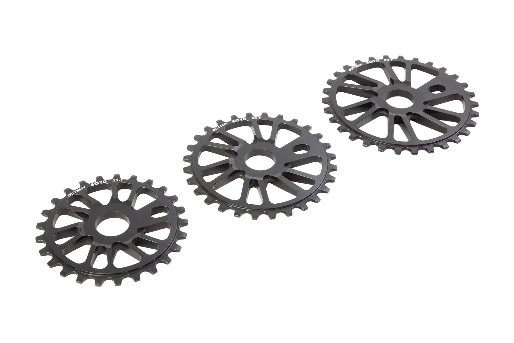 Pignons BMX Odyssey Boyd en noir, 25T, 28T, 30T, design léger et robuste