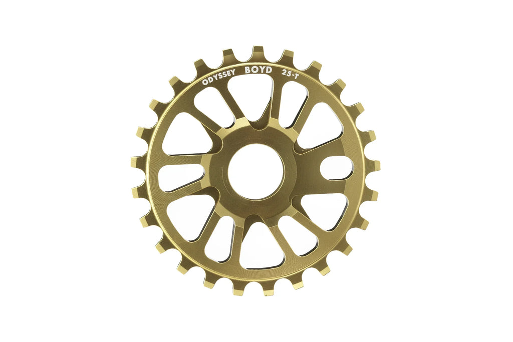 Pignon BMX doré Odyssey Boyd 25 dents, design perforé pour vélo de freestyle