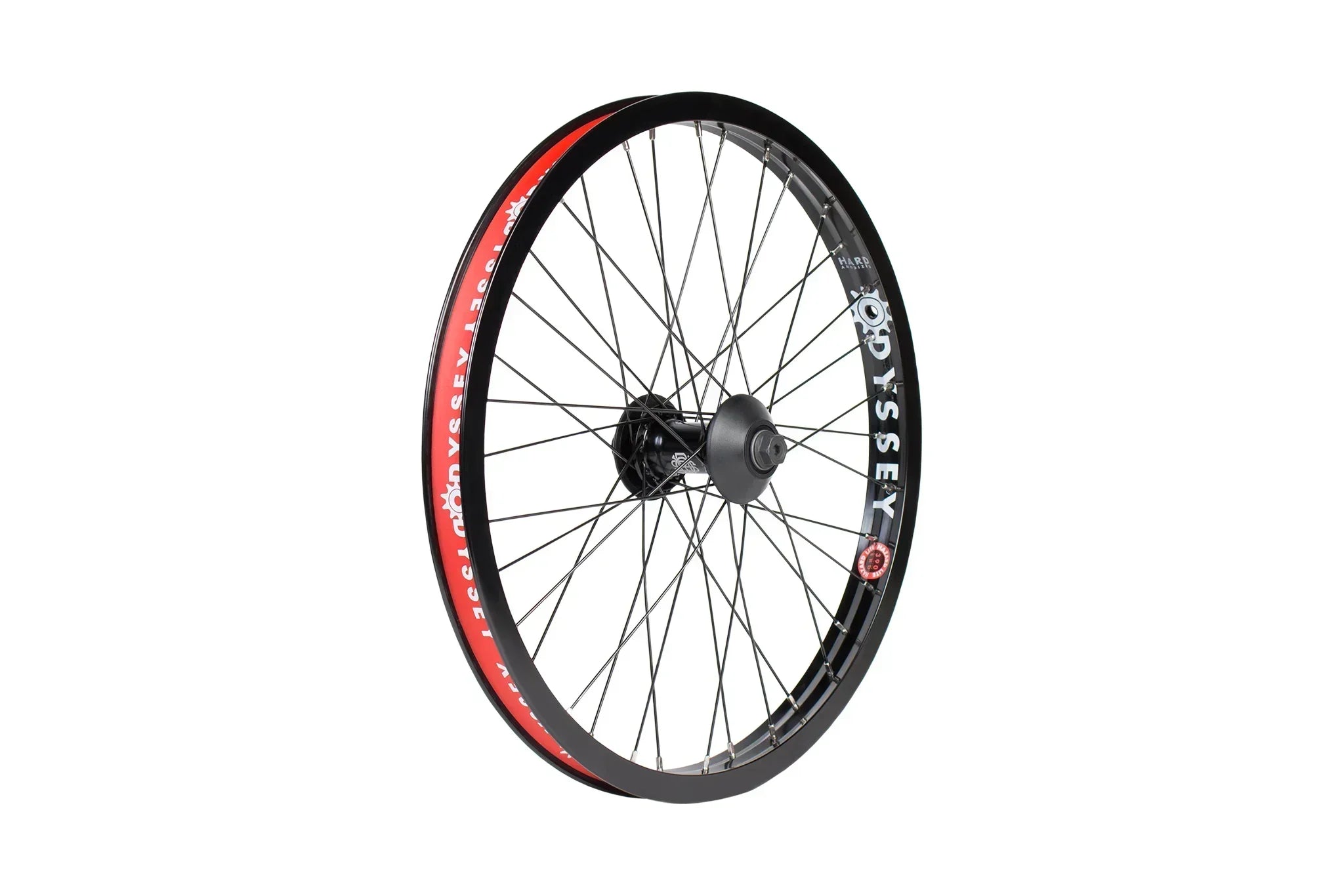 Roue BMX Odyssey noire avec jante rouge et rayons métalliques