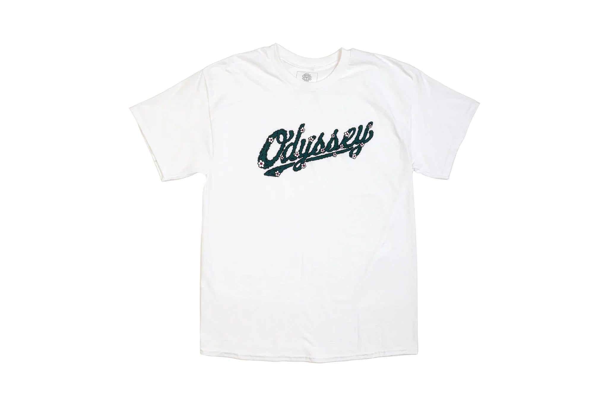 T-shirt blanc avec inscription 'Odyssey' ornée de fleurs, style BMX