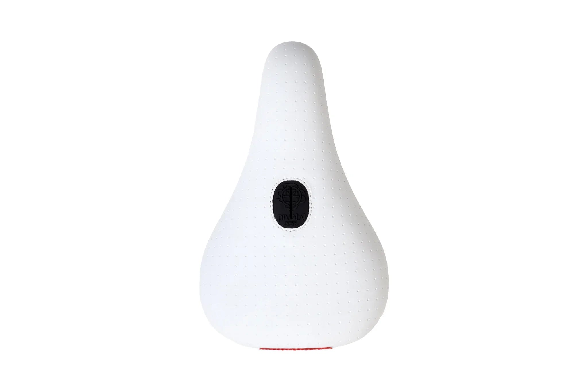 Selle BMX blanche avec logo noir et détails texturés pour confort et style