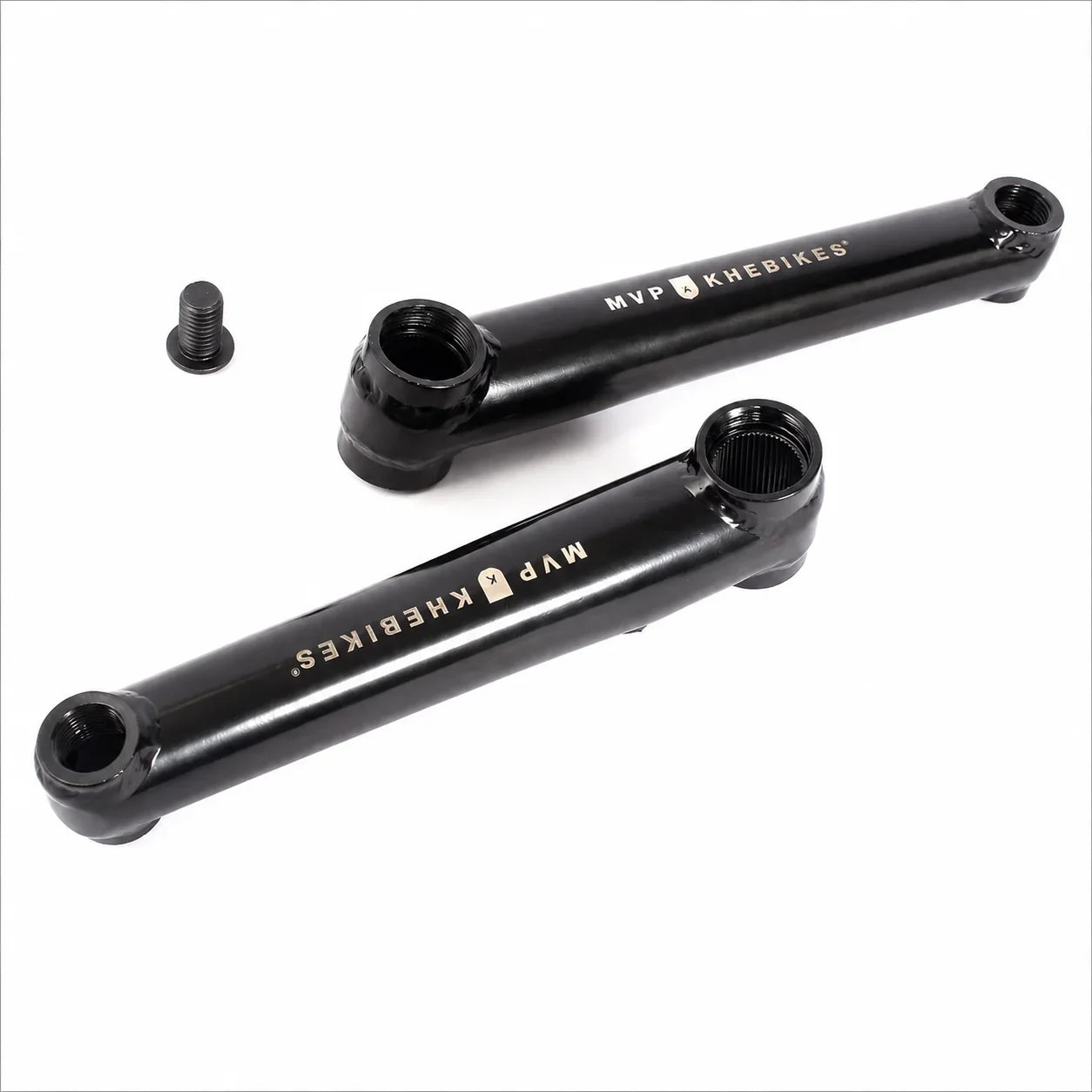 pédalier BMX noirs MVP x Khebikes avec une vis de fixation sur fond blanc.
