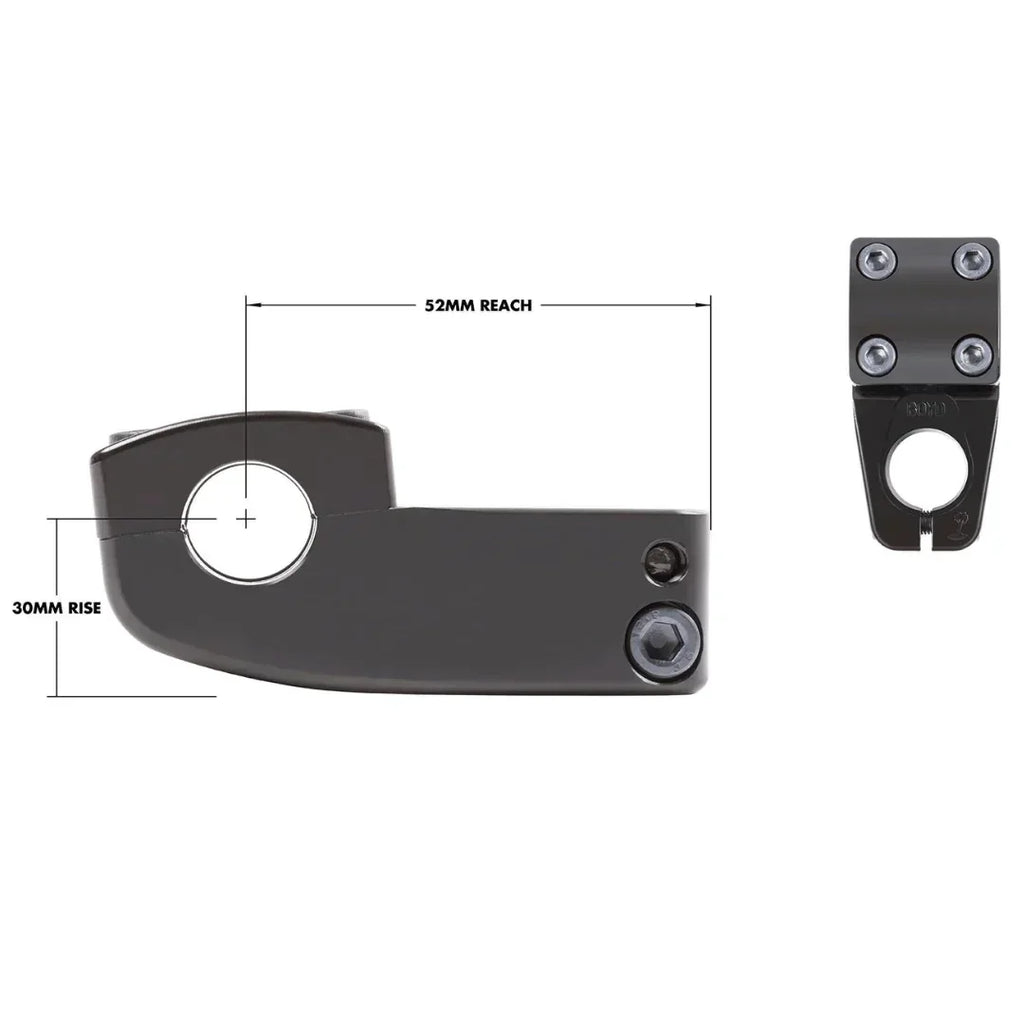 Potence BMX noire 30mm rise, 52mm reach, fixation 4 vis, pour vélo freestyle