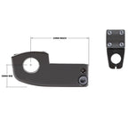 Potence BMX noire 30mm rise, 52mm reach, avec vis de fixation, vue technique et profil