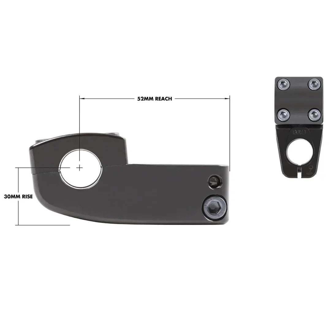 Potence BMX noire 30mm rise, 52mm reach, fixation 4 vis, pour vélo freestyle