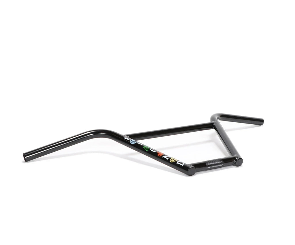 Black BMX bike handlebar with colorful decals on a white background