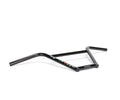 Black BMX bike handlebar with colorful decals on a white background