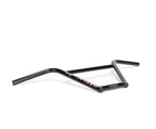 Black BMX bike handlebar with colorful decals on a white background