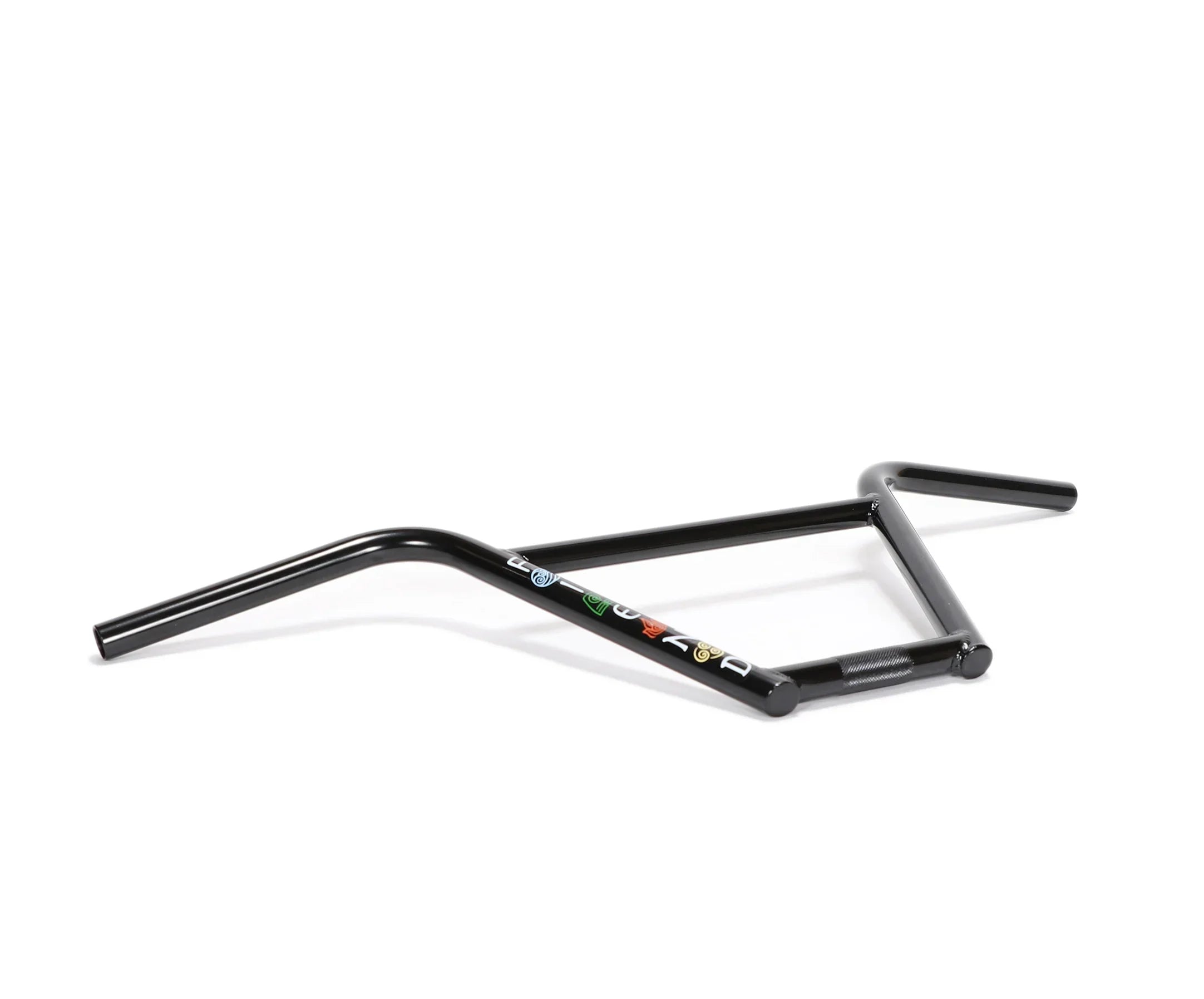 Black BMX bike handlebar with colorful decals on a white background