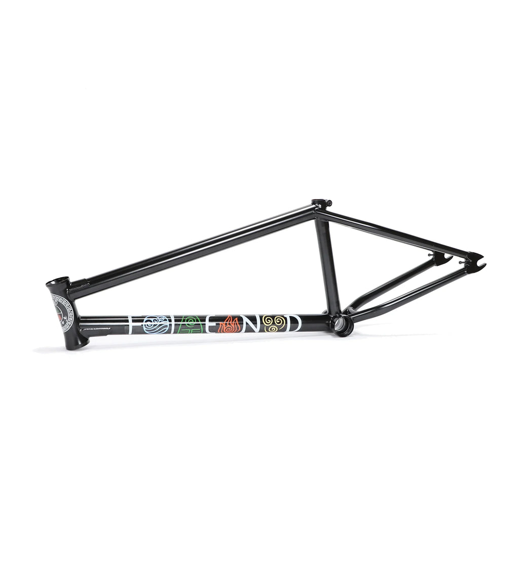 Black BMX bike frame with colorful graphics on the downtube, isolated on white background.
