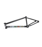 Black BMX bike frame with colorful graphics on the downtube, isolated on white background.