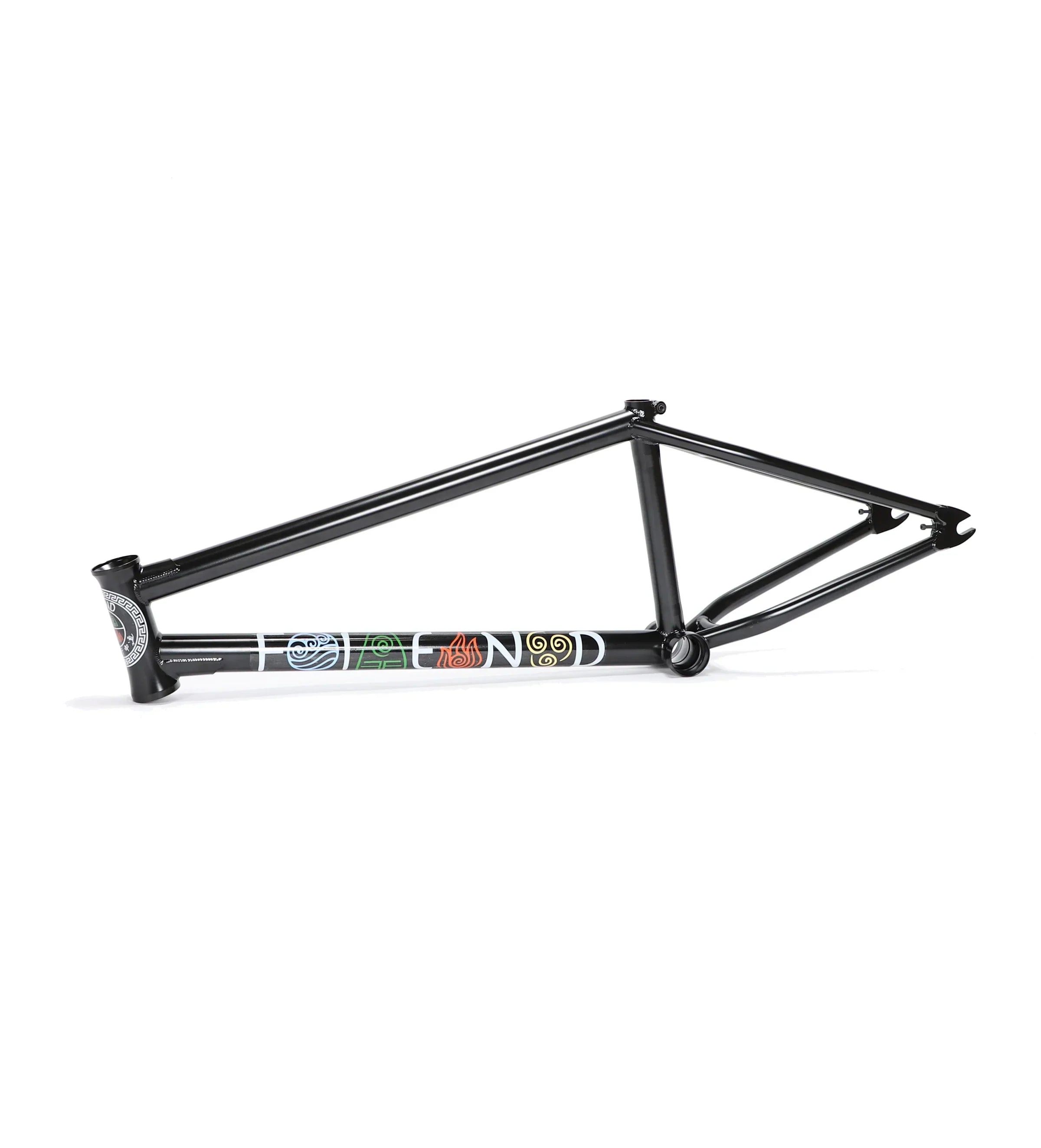 Black BMX bike frame with colorful graphics on the downtube, isolated on white background.