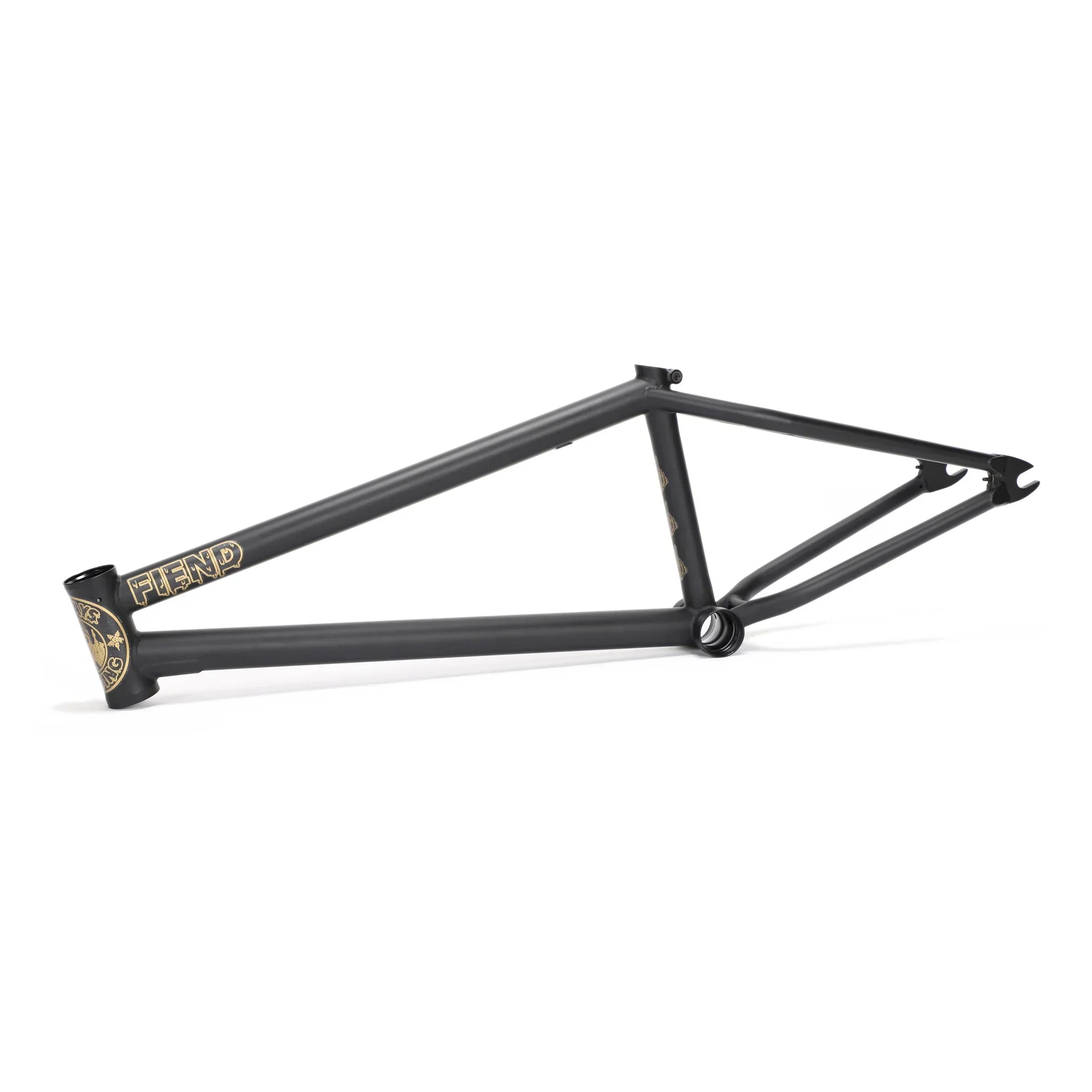 Black BMX bike frame with gold decals, minimalist mid triangle design, side view