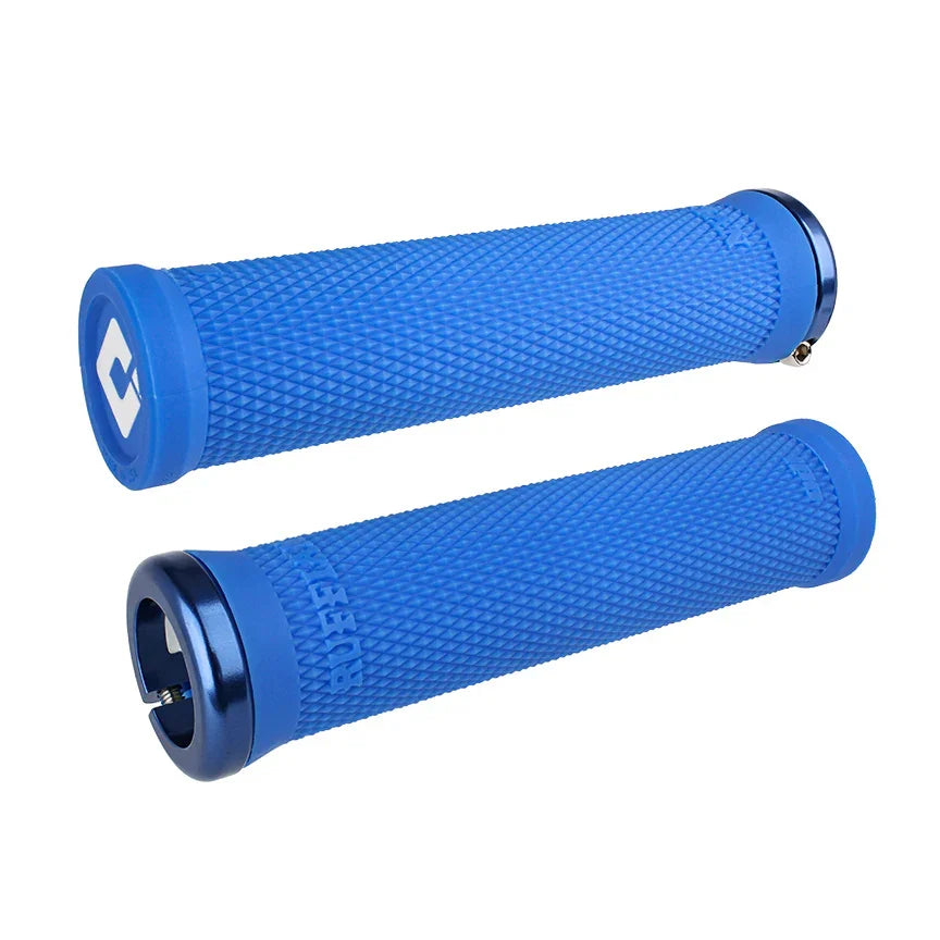 Poignées BMX bleues texturées avec embouts métalliques, grip antidérapant pour vélo tout terrain