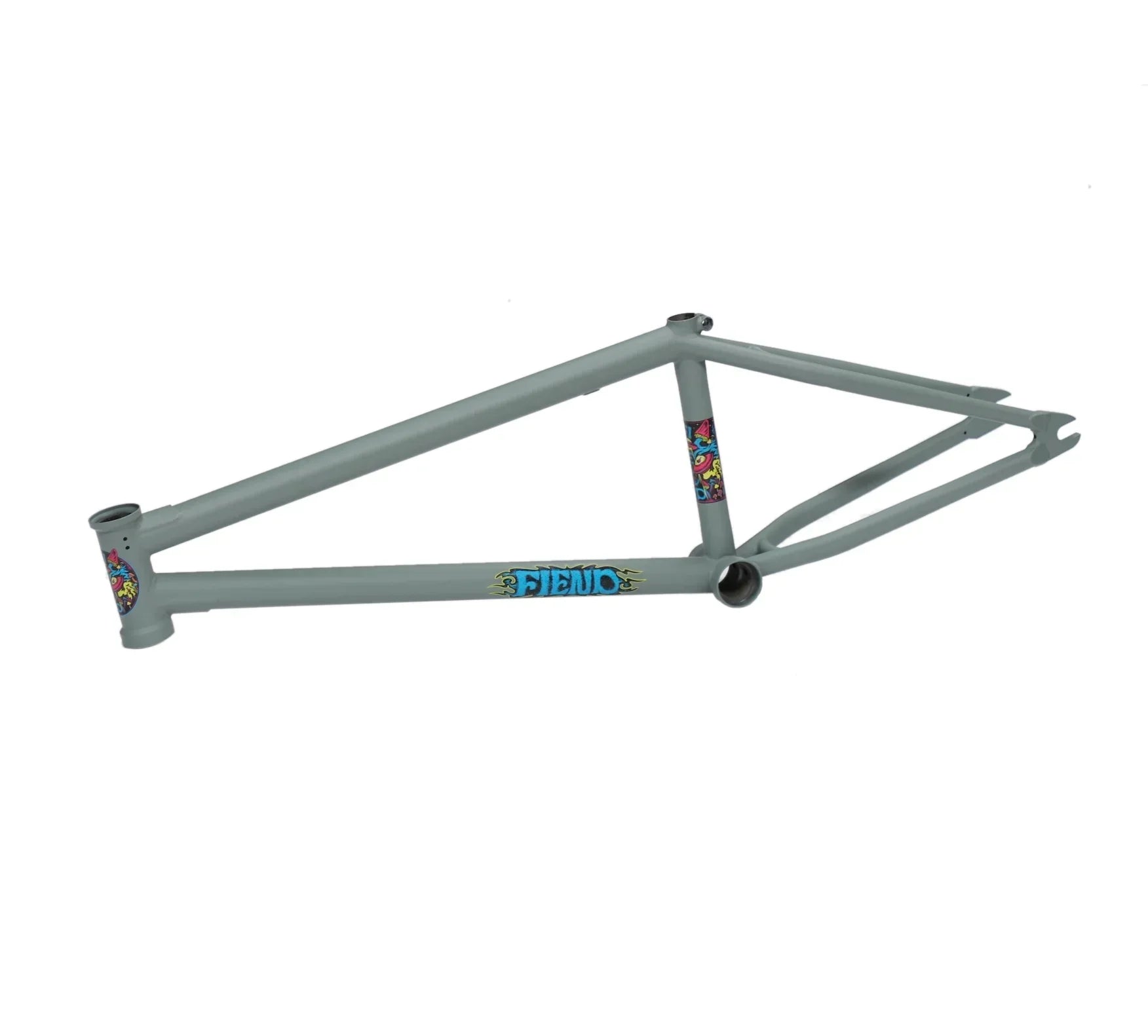 Gray BMX bike frame with colorful graphics and Fieno text on white background