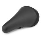 Black padded BMX bike seat with rail mount on white background