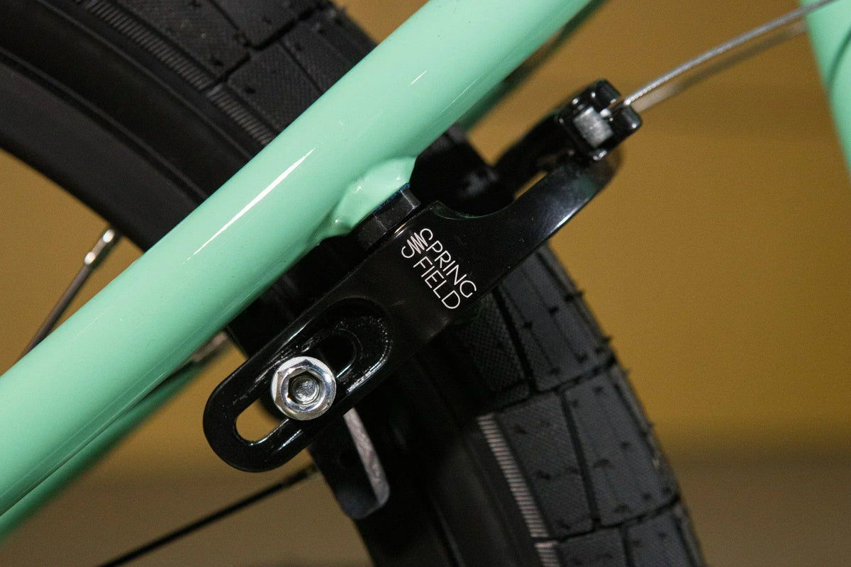 Gros plan d'un frein arrière Spring Field noir sur un cadre de vélo BMX vert menthe.