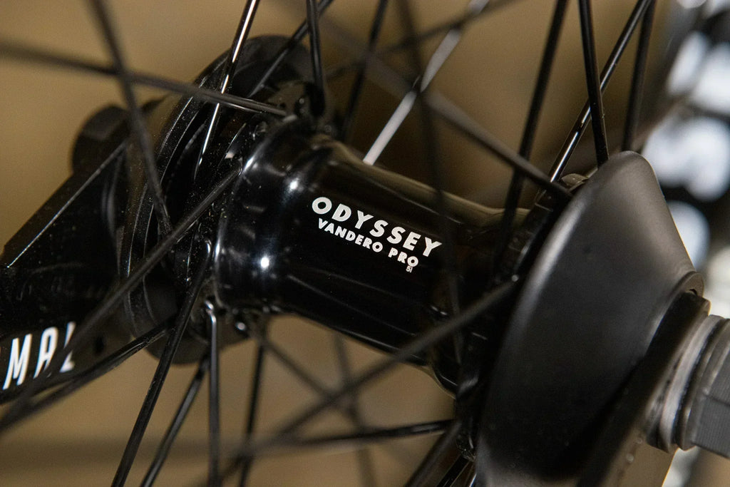 Gros plan d'un moyeu de roue BMX Odyssey Vandero Pro noir avec rayons.