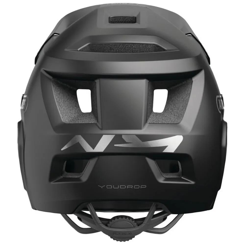Casque BMX noir mat avec ventilation et logo YOUDROP, design robuste pour vélo tout terrain