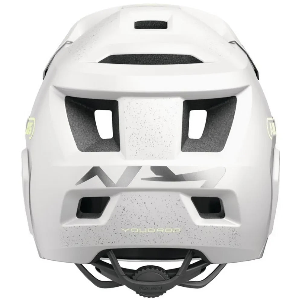 Casque BMX blanc avec ventilation et logo YOU DROP, design moderne pour vélo tout terrain