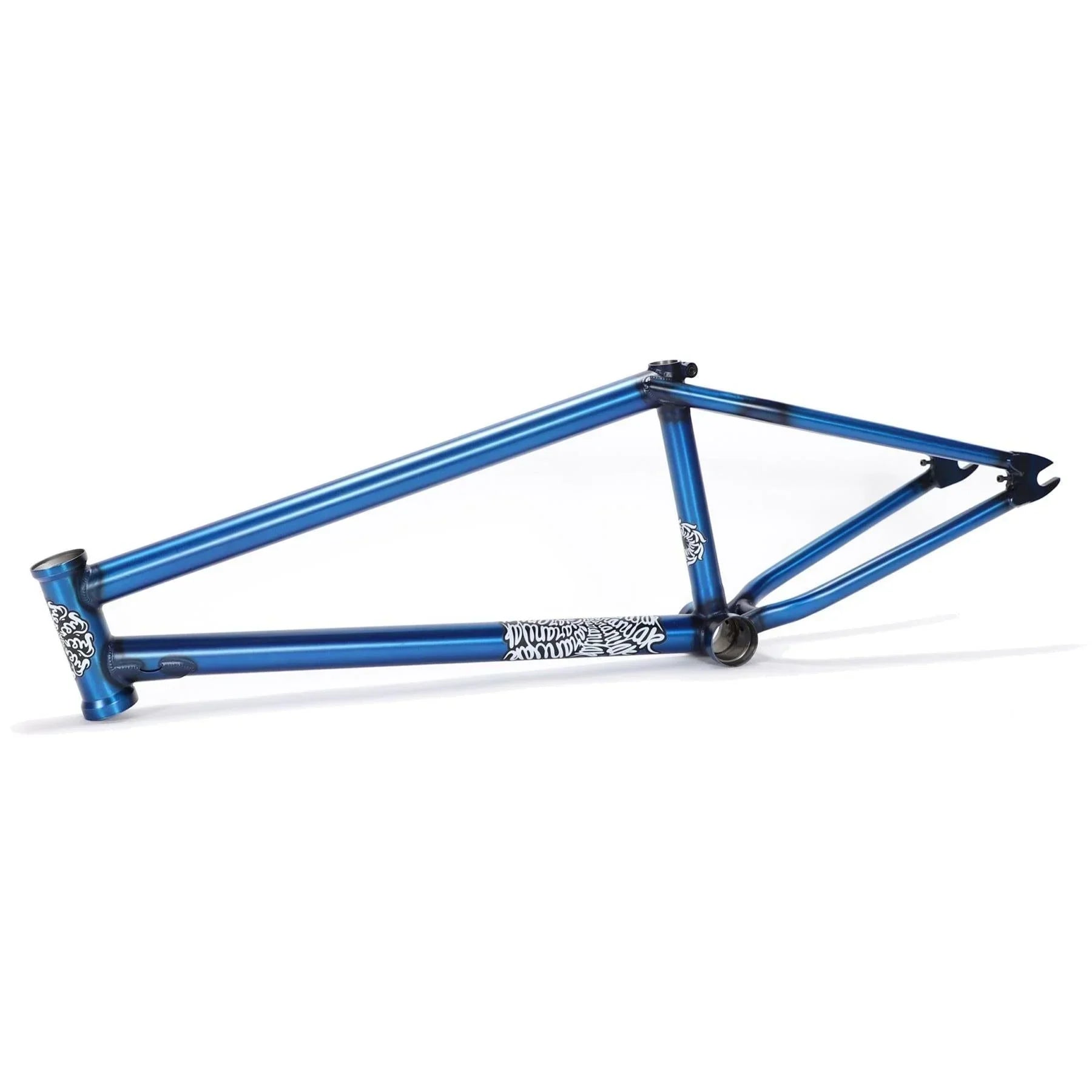 Cadre BMX bleu métallique avec graphismes blancs, design robuste pour freestyle et street