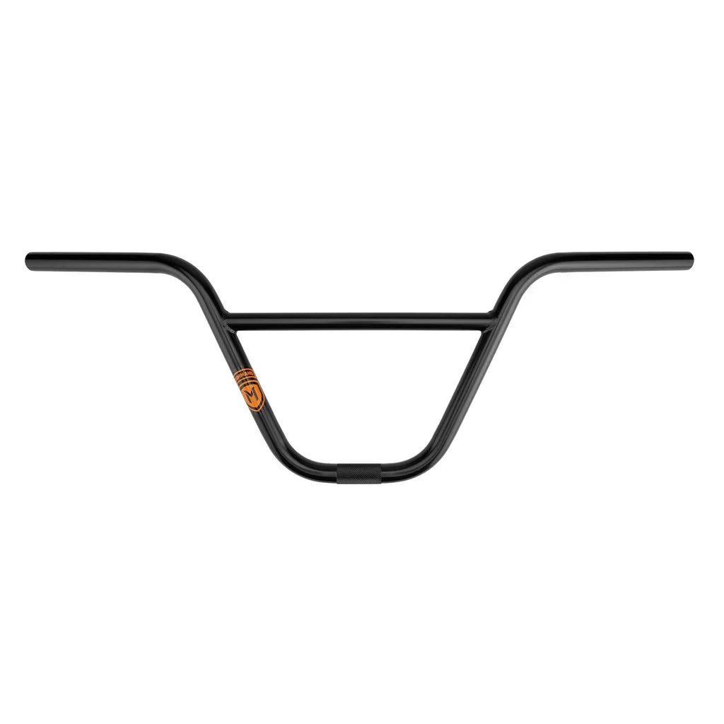 Guidon BMX noir avec logo orange, design robuste pour vélo de freestyle