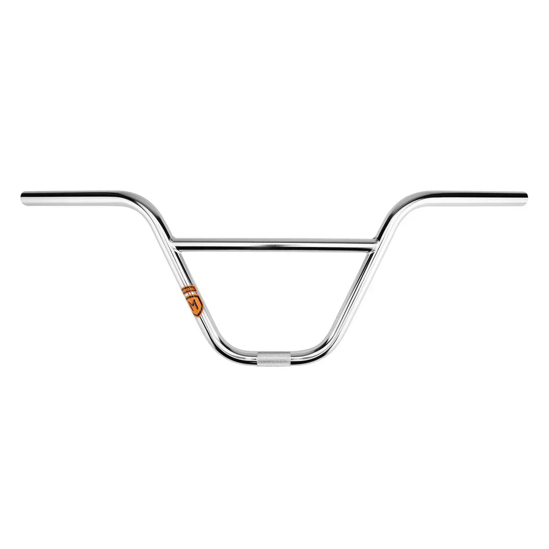 Guidon BMX chromé avec logo orange, design robuste pour vélo de freestyle