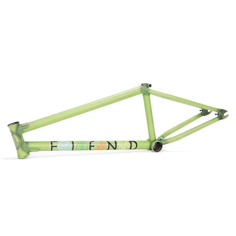 earth green BMX bike frame with colorful graphics on downtube, isolated on white background