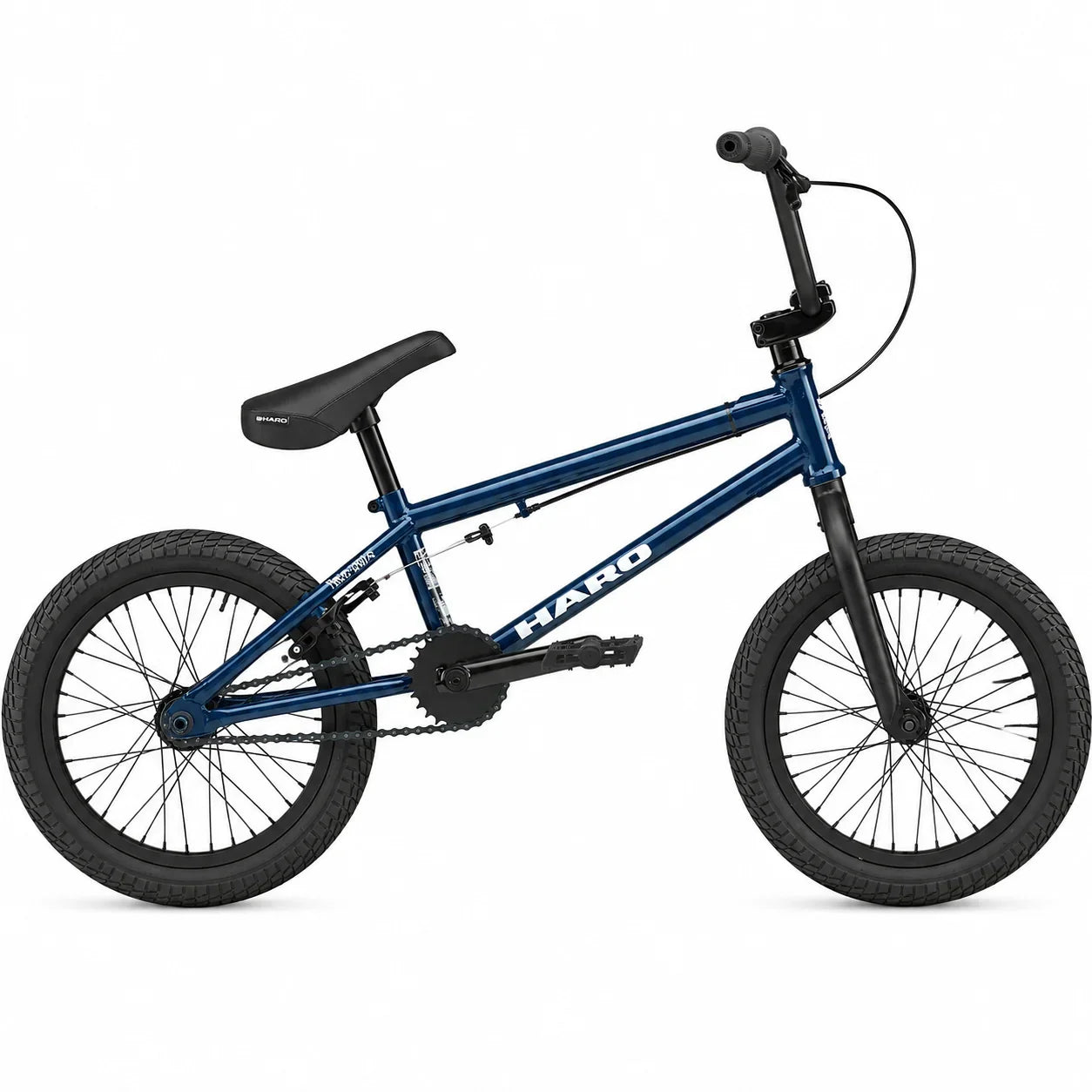 Vélo BMX bleu Haro pour enfants sur fond blanc