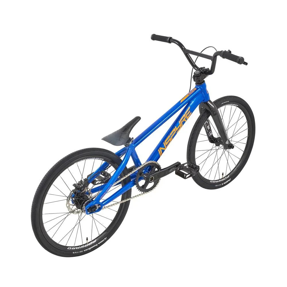 Vélo BMX bleu avec cadre INSPIRE, pneus noirs et freins à disque