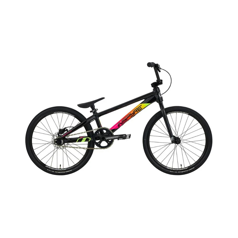 Vélo BMX noir avec cadre coloré, idéal pour tricks et freestyle