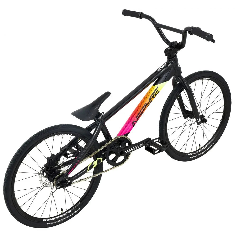 Vélo BMX noir avec cadre multicolore, idéal pour tricks et freestyle