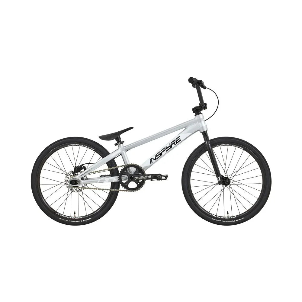 Vélo BMX InsPyre argent avec pneus noirs et composants Forward, idéal pour tricks et freestyle
