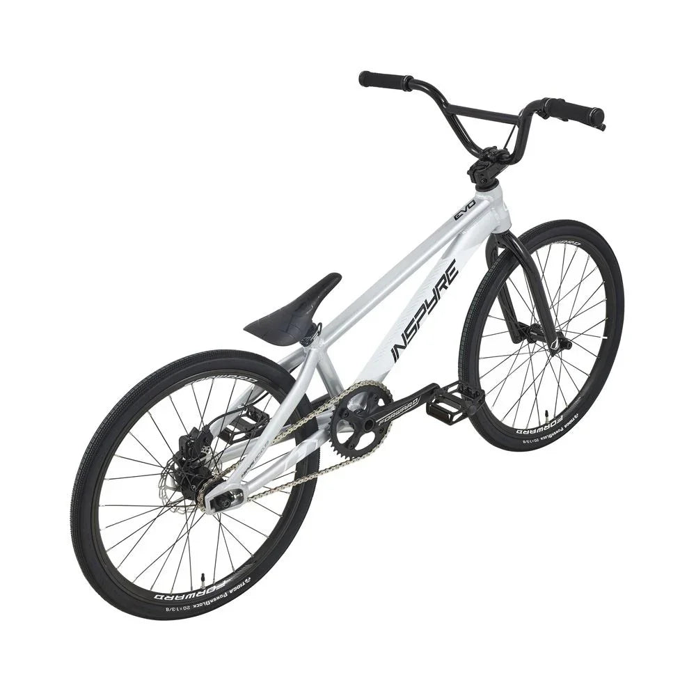 Vélo BMX blanc et noir Inspyre EVO, cadre robuste, pneus larges, idéal pour tricks et freestyle