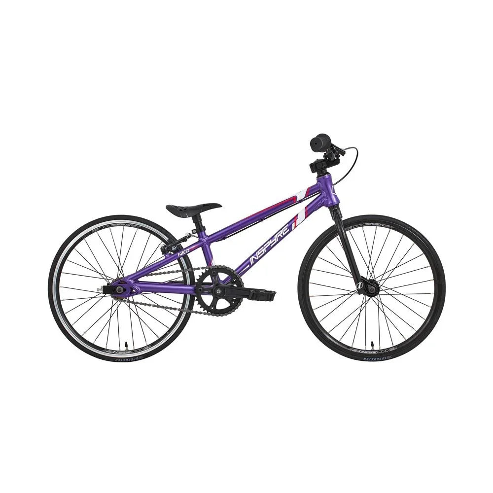 Vélo BMX violet pour enfants avec cadre Inspire Neo, roues noires et selle confortable
