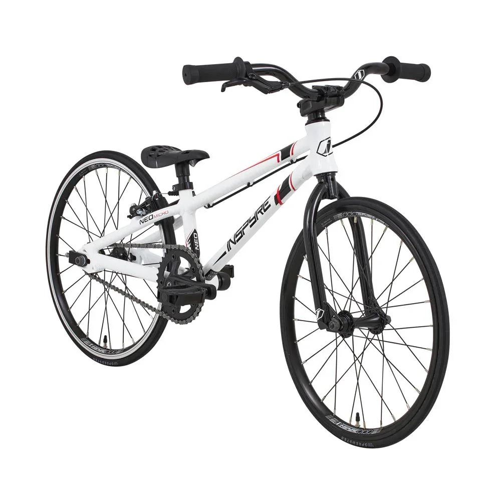 Vélo BMX blanc et noir Inspire Neo Micro pour débutants, cadre robuste, roues 20 pouces