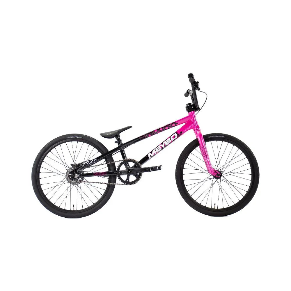 Vélo BMX rose et noir pour freestyle, cadre robuste, roues 20 pouces, idéal pour tricks et parcours