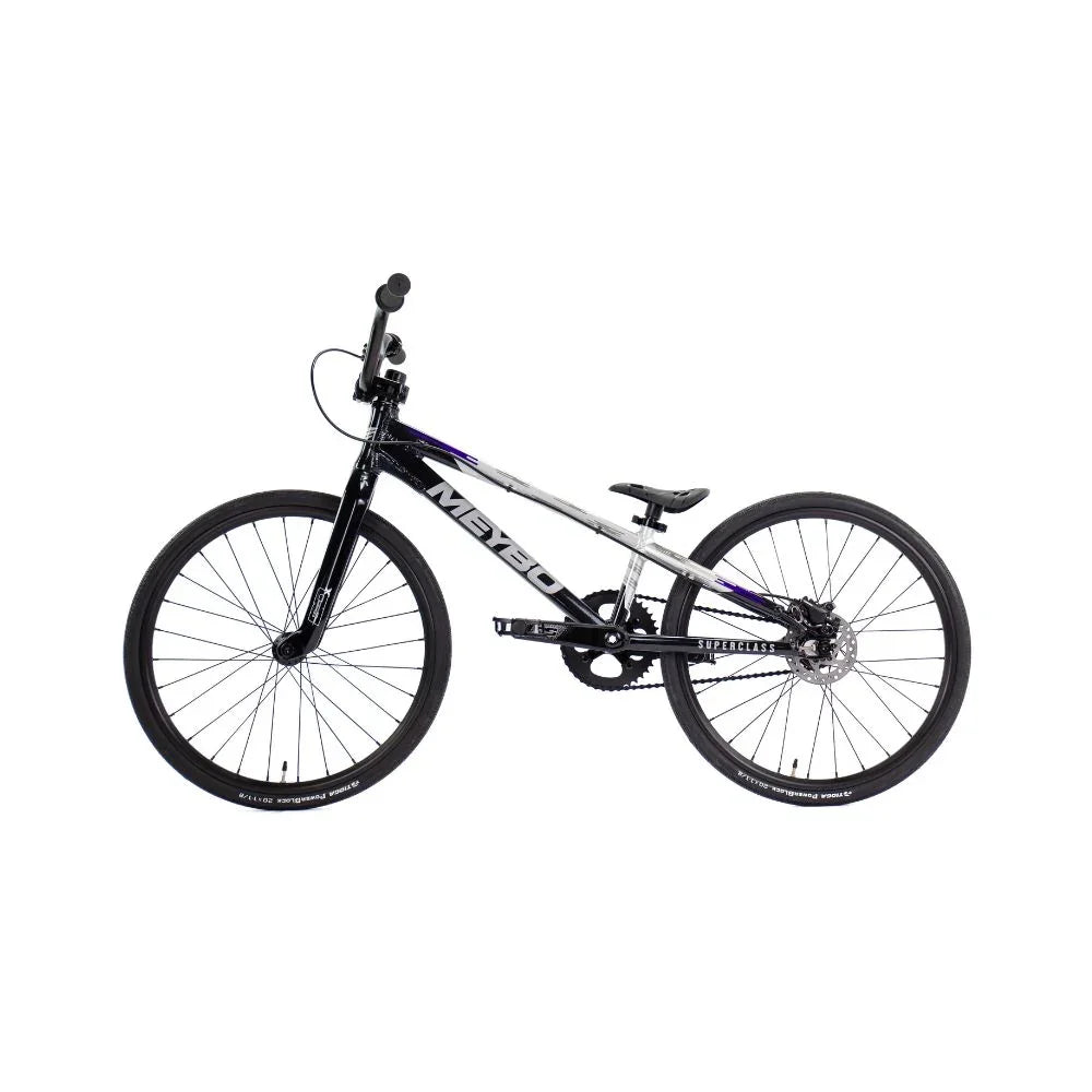 Vélo BMX noir et violet avec cadre Meybo, freins à disque, idéal pour tricks et street