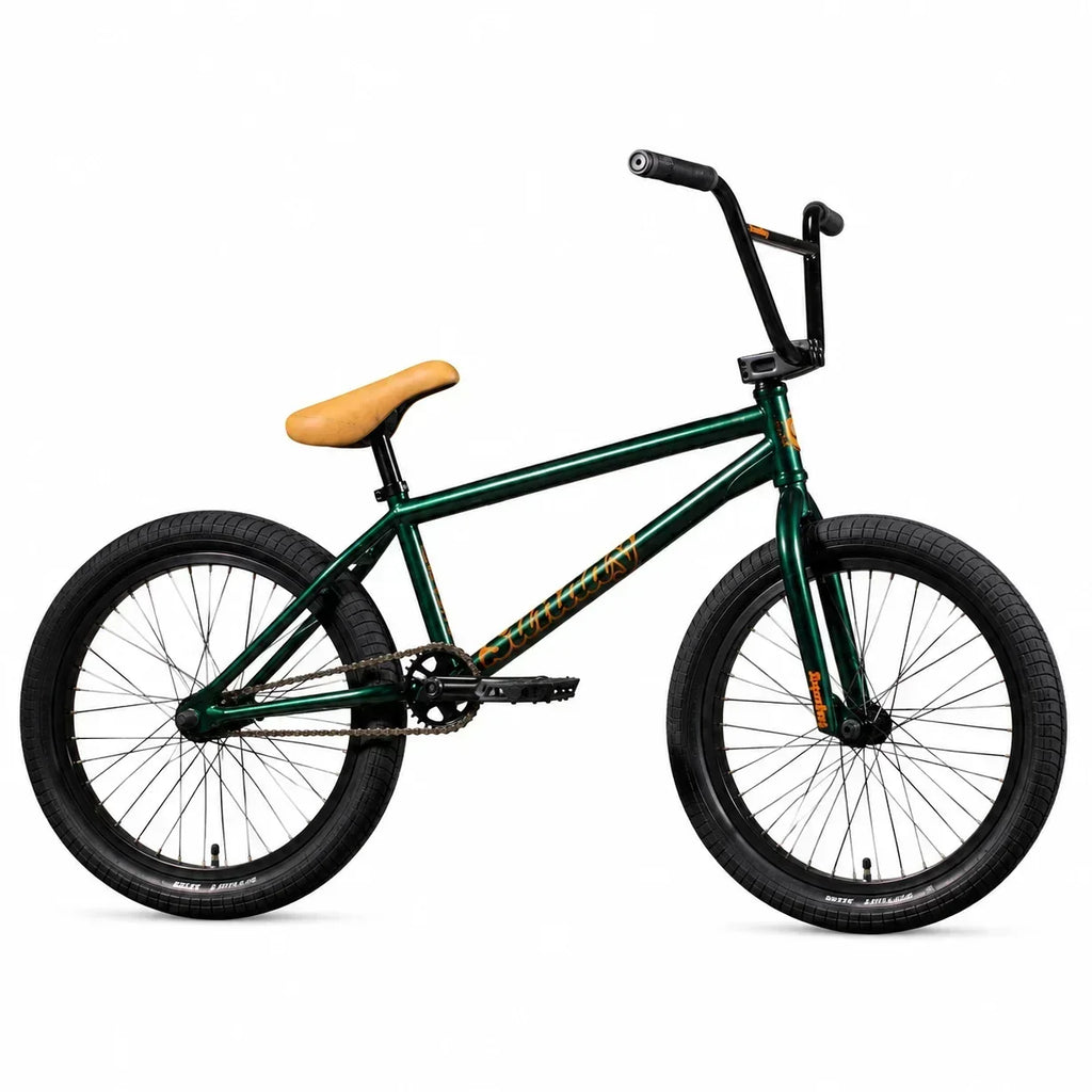 Vélo BMX vert foncé avec selle marron sur fond blanc