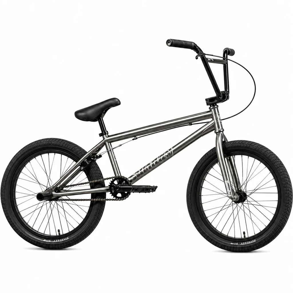 Vélo BMX freestyle en acier gris brossé sur fond blanc