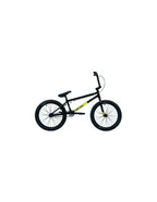 Vélo BMX noir avec détails jaunes, cadre robuste et pneus larges pour tricks et freestyle