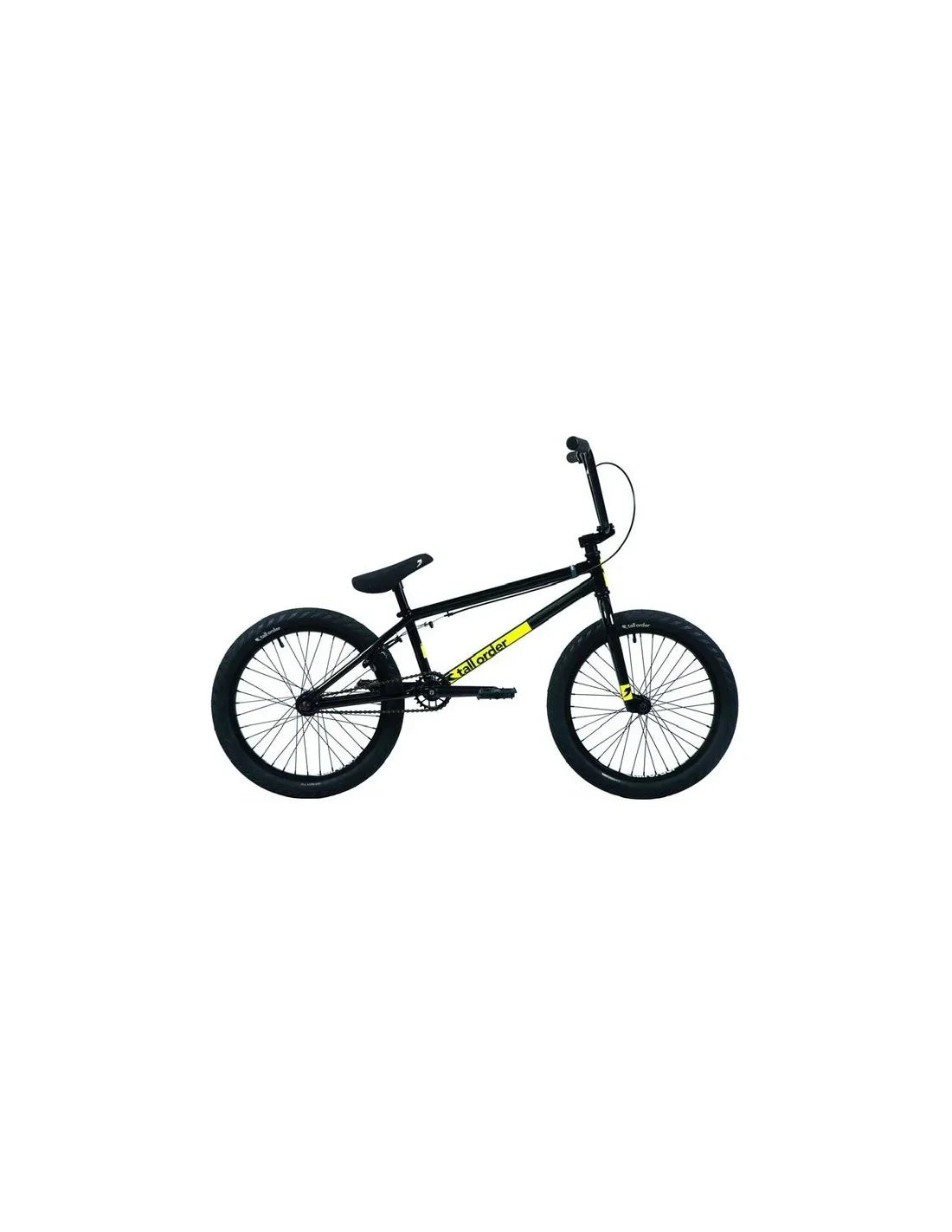 Vélo BMX noir avec détails jaunes, cadre robuste et pneus larges pour tricks et freestyle