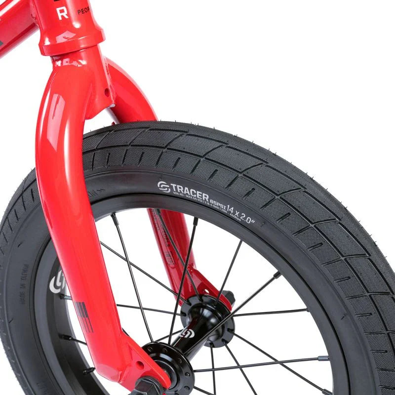 Vélo BMX rouge avec pneu Tracer 14 x 2.0, fourche robuste et jante noire