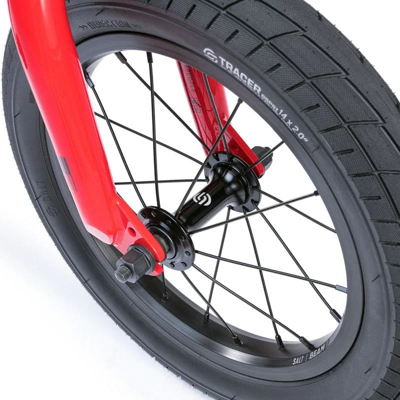 Roue BMX rouge avec pneu Tracer 14x2.0, jante Salt Beam, idéale pour freestyle et tricks