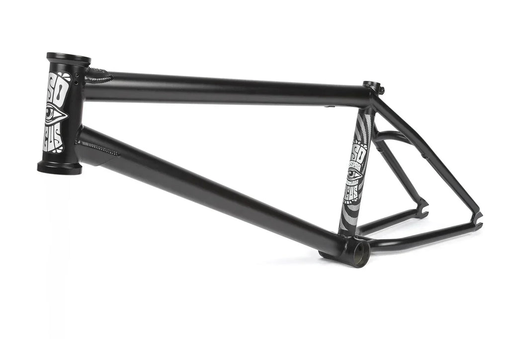 Cadre de BMX noir robuste avec design graphique sur la tige de selle