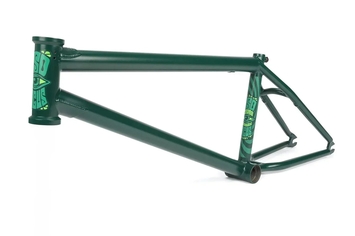 Cadre de BMX vert foncé avec graphismes œil sur fond blanc