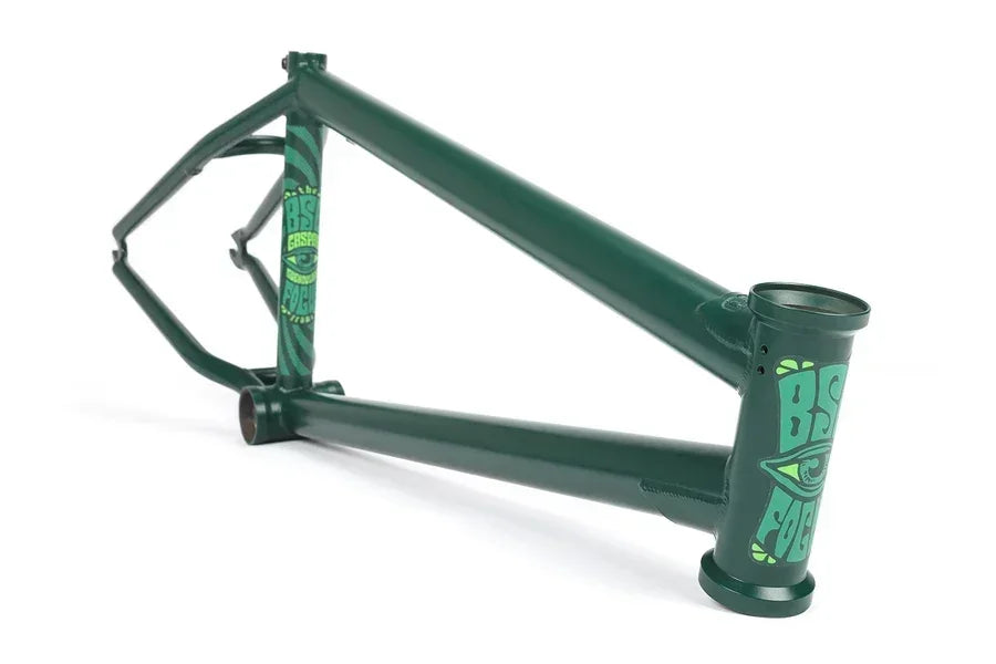 Cadre de BMX vert foncé avec motifs graphiques noirs et verts