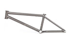 Cadre BMX gris métallique avec détails gravés, design robuste pour freestyle