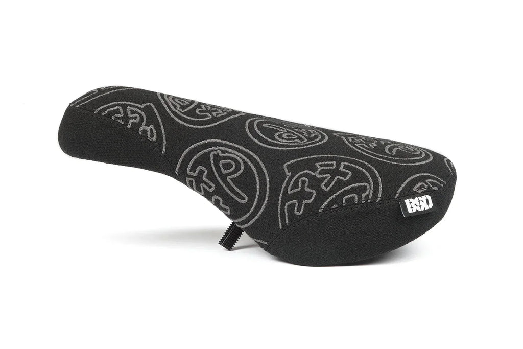 Selle de BMX noire avec motifs graphiques gris et logo blanc
